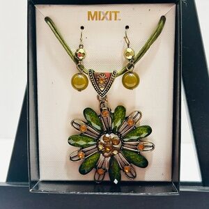 MIXIT Olive Green Floral Crystal Necklace and Earring Set